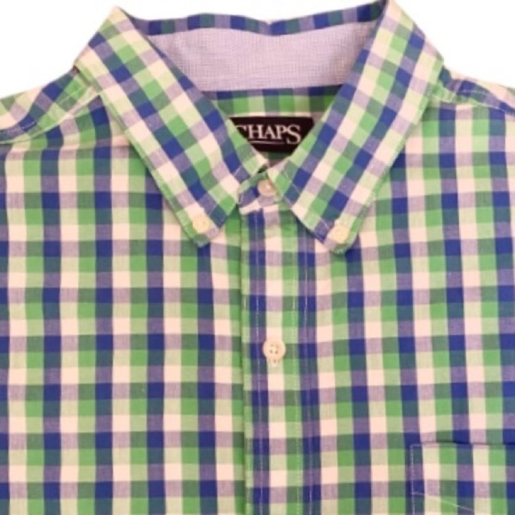 CHAPS Easy Care Checked Button Shirt Mens Blue Green Plaid Size Large - Picture 1 of 6